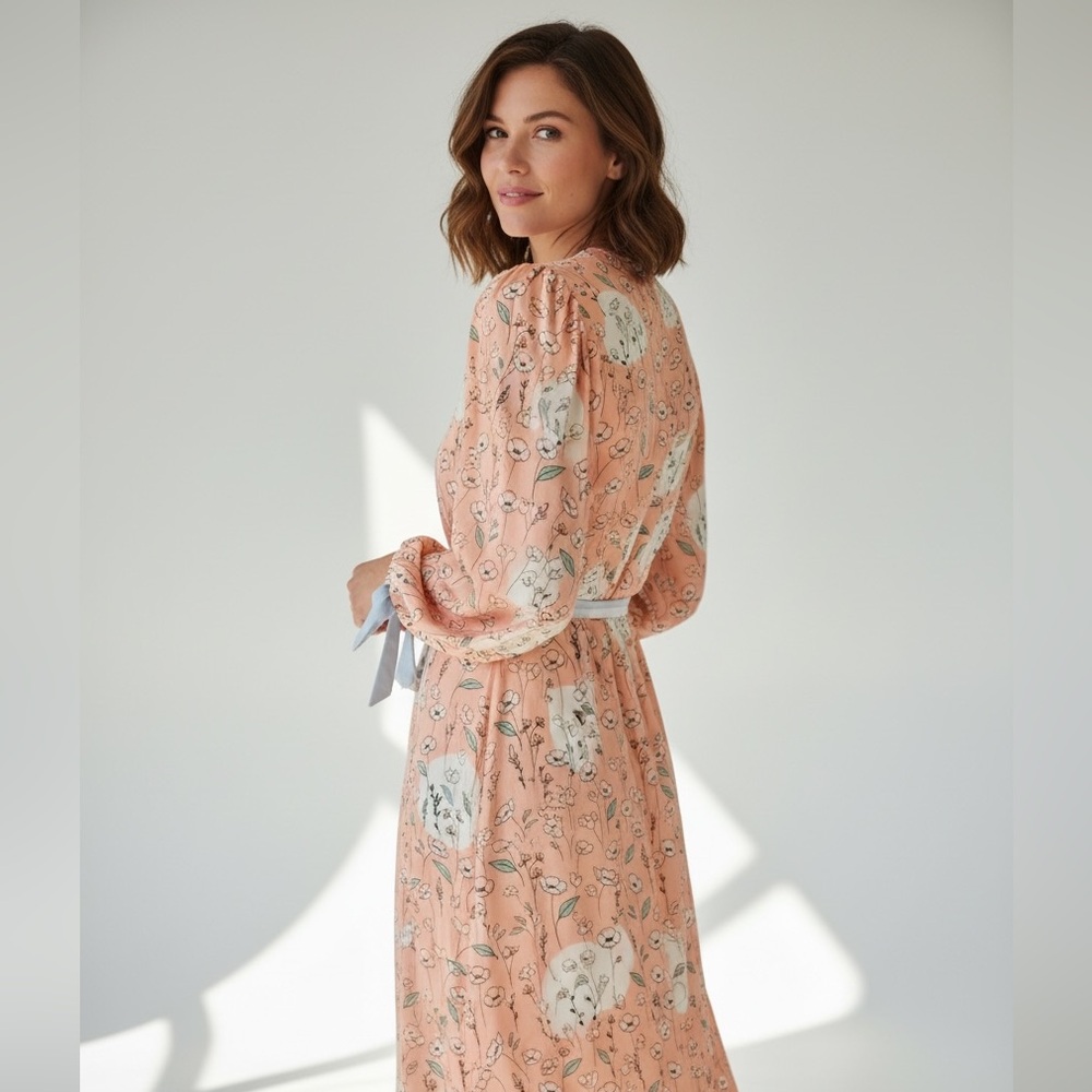 Peach Floral Long Sleeve Dress with White Accents